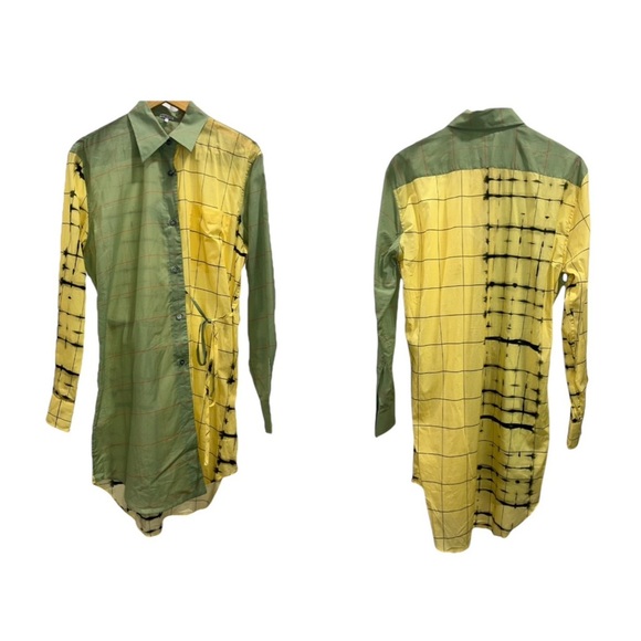 LOEWE Check Wrap Shirt Blouse Green Yellow Plaid Tunic IT 40 US 4 Cotton Silk - Picture 3 of 12